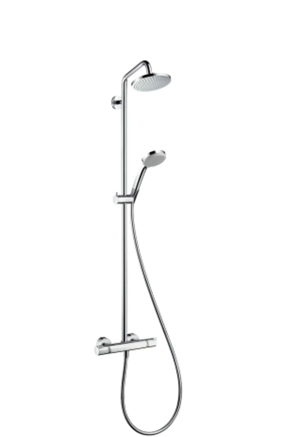 Hansgrohe Duschsystem mit einer oberen Regenbrause und einer Handbrause. Ausgestattet mit einem Thermostat. Aus glänzendem Chrom gefertigt.